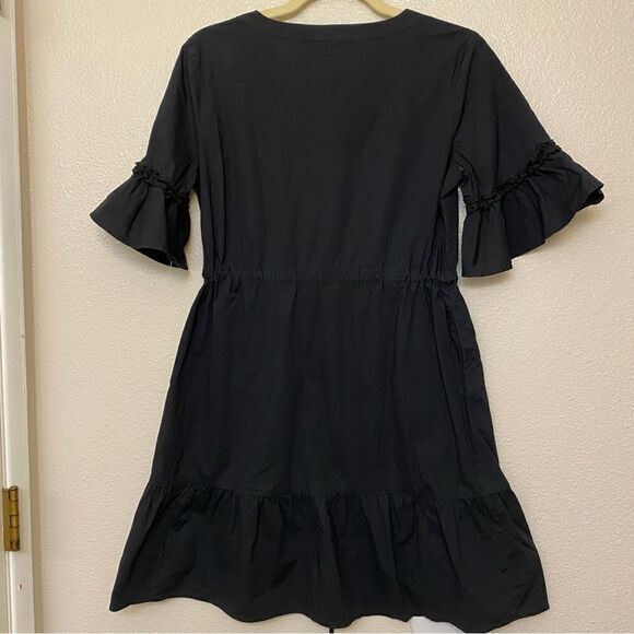 Ann Taylor Black Solid Day Fit & Flare Dress ruffle 3/4 sleeve romantic goth XS - Picture 4 of 11